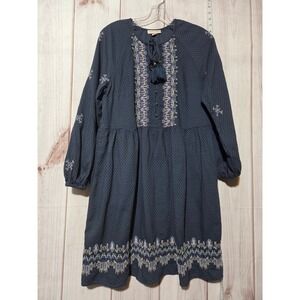 Knox Rose Women's Blue Embroidered Tassel Tie Long Sleeve‎ Dress M Pockets